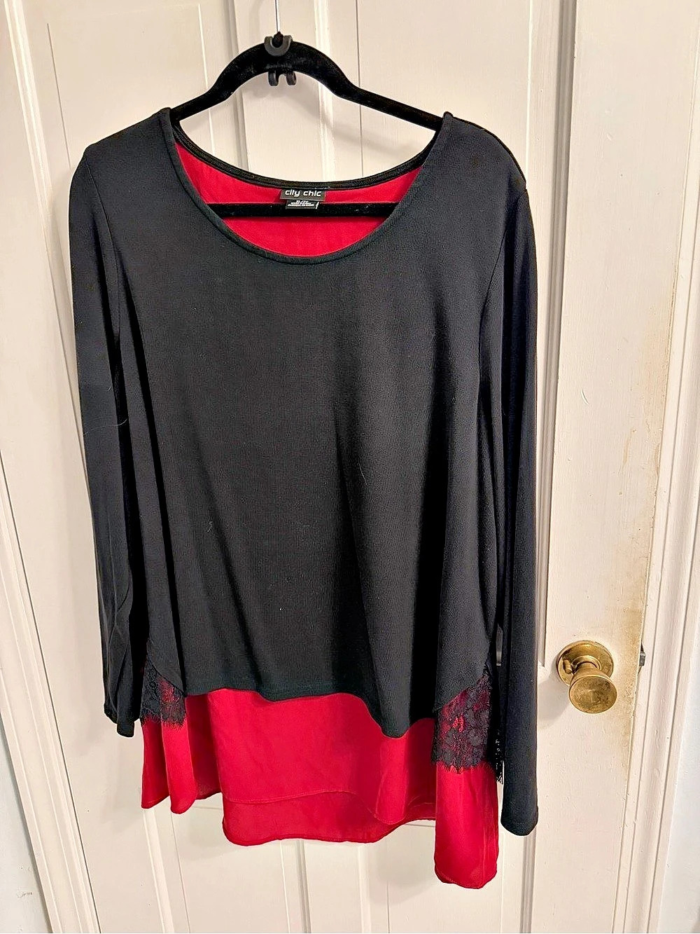 City Chic Layered Long Sleeve Tunic in Black & Red Size XL (22)